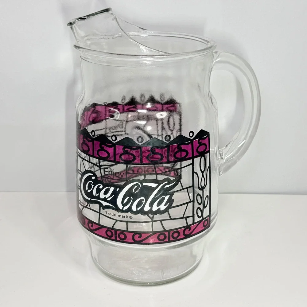 Vintage Coca-Cola Glass Pitcher Pink Stained Glass Logo Ice Lip 9 Inch Clear